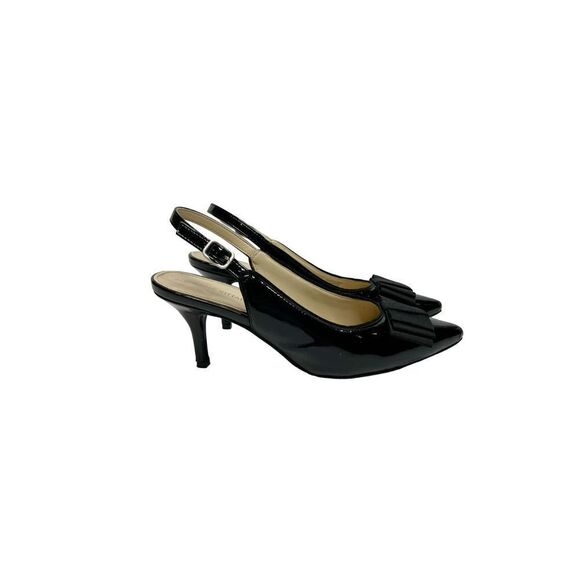 Adrienne Vittadini Shaniya black patent leather pointed toe sling back heels siz - Picture 2 of 16